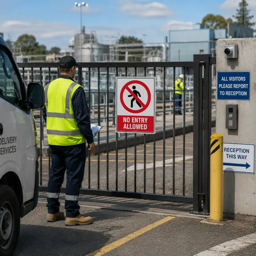 no-entry-allowed-sign-controlled-access-use-case No Entry Allowed Sign at controlled industrial access point