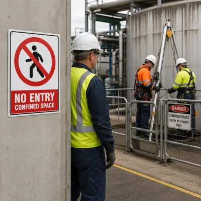 No Entry Confined Space Sign with pedestrian prohibition symbol