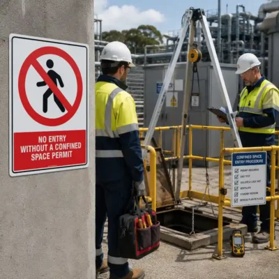 No Entry Without Permit Confined Space Sign at controlled industrial access point