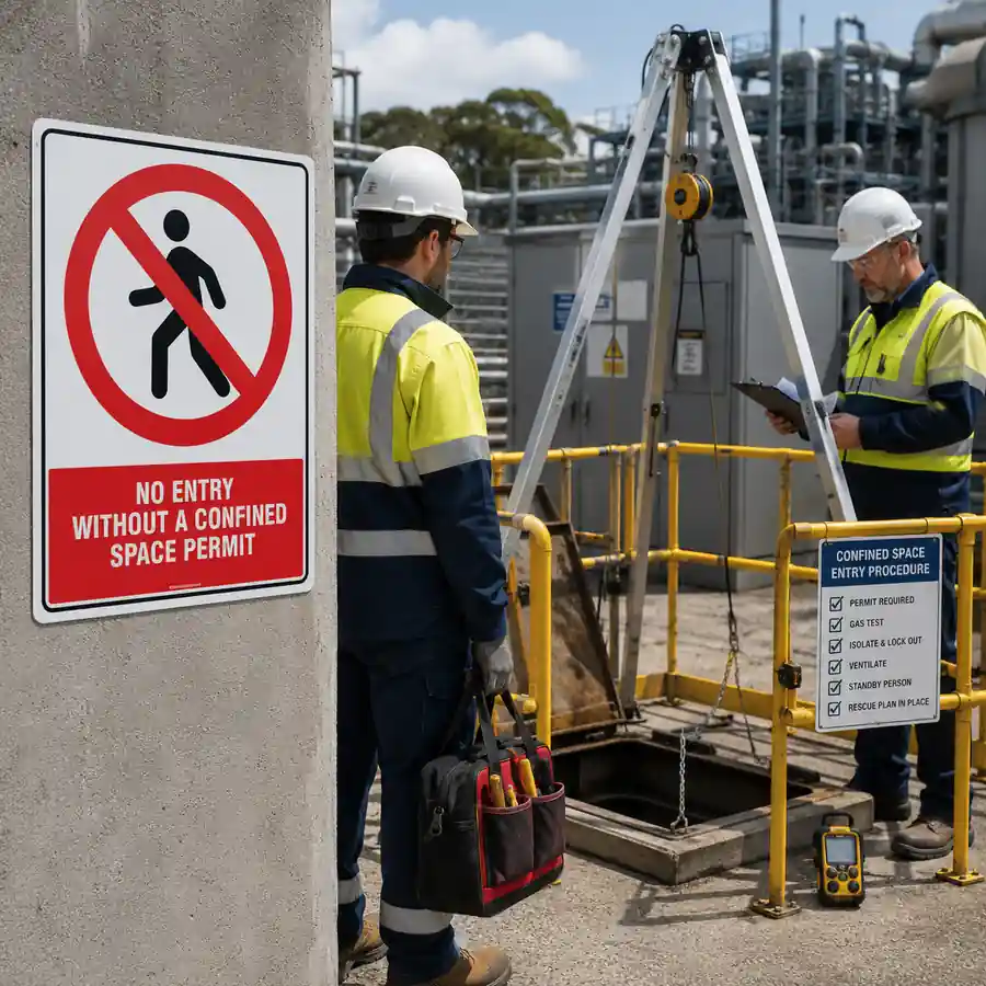 no-entry-without-confined-space-permit-use-case No Entry Without Permit Confined Space Sign at controlled industrial access point