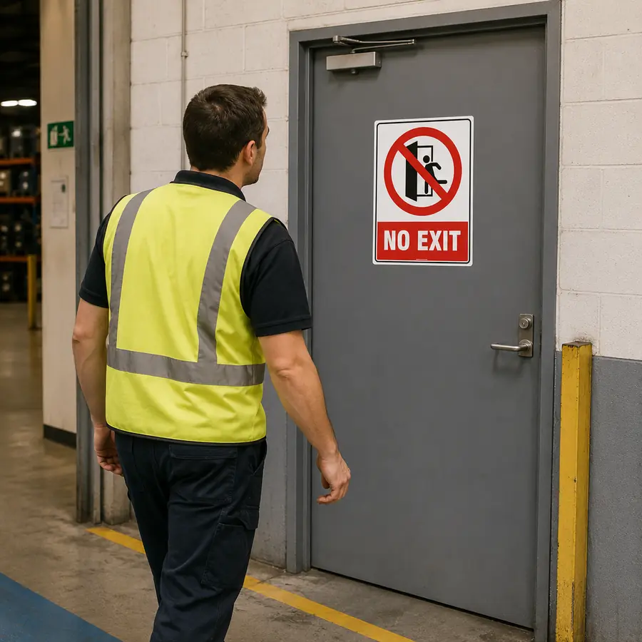 no-exit-sign-use-case Worker approaching a restricted doorway displaying a No Exit safety sign in a New Zealand industrial workplace.