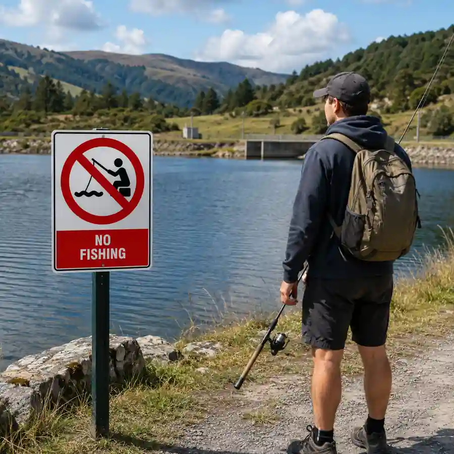 no-fishing-sign-use-case No Fishing Sign installed beside a reservoir where a person carrying a fishing rod stops before entering the restricted shoreline.