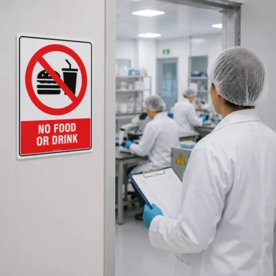 No Food or Drink sign installed at the entrance to a laboratory clean room in a New Zealand workplace
