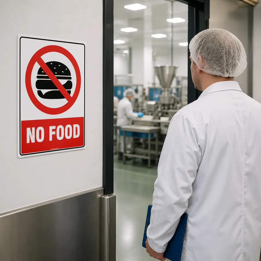 no-food-sign-use-case No Food sign installed at the entrance to a food processing area in a New Zealand manufacturing facility