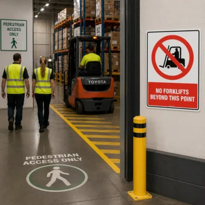 No Forklifts Beyond This Point Sign installed at the entrance to a pedestrian-only area in a New Zealand warehouse.