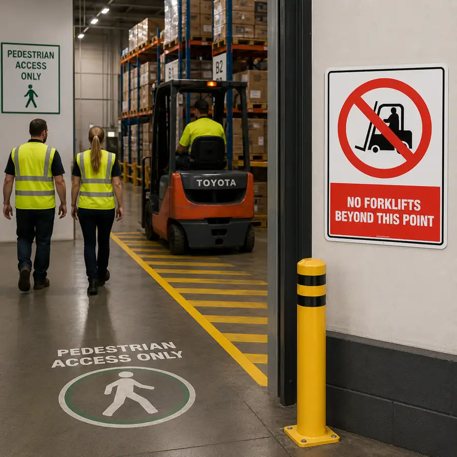 no-forklifts-beyond-this-point-sign-use-case No Forklifts Beyond This Point Sign installed at the entrance to a pedestrian-only area in a New Zealand warehouse.
