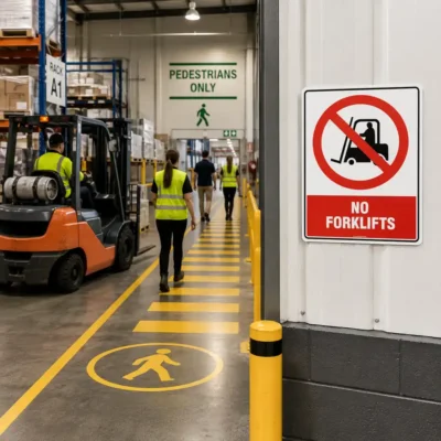 No Forklifts Sign installed at a pedestrian-only area within a New Zealand warehouse.