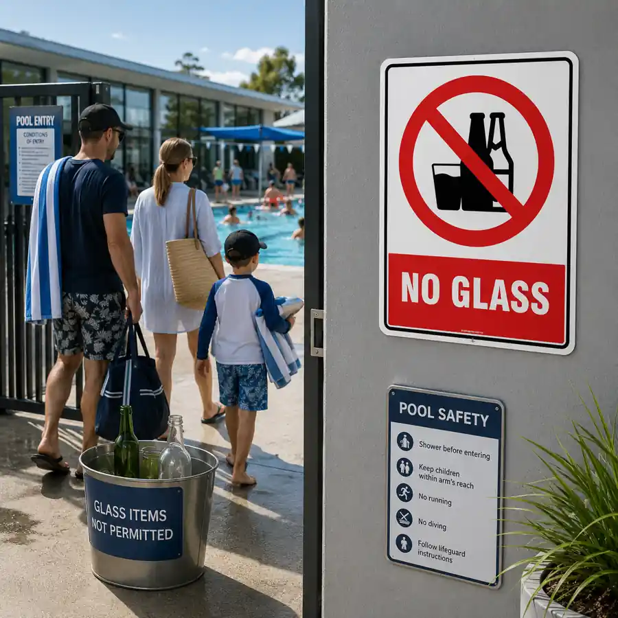 no-glass-sign-use-case No Glass Sign displayed at the entrance to a public swimming pool with visitors leaving glass containers behind before entry.
