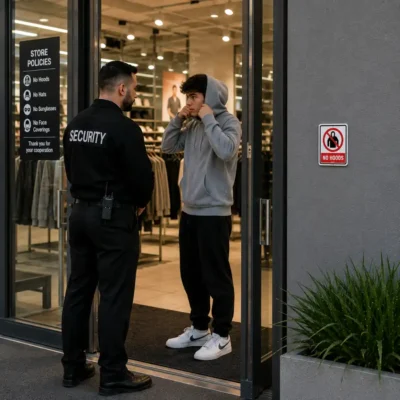 No Hoods Sign displayed at the entrance to a retail store while a customer lowers their hood after speaking with security.