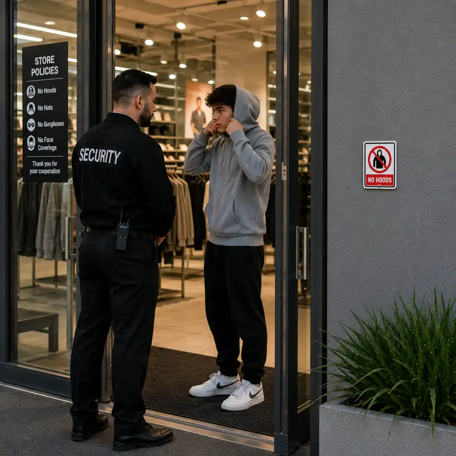 no-hoods-sign-use-case No Hoods Sign displayed at the entrance to a retail store while a customer lowers their hood after speaking with security.