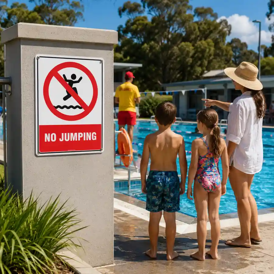 no-jumping-sign-use-case No Jumping Sign Use Case – Pool Safety Sign at Public Swimming Pool