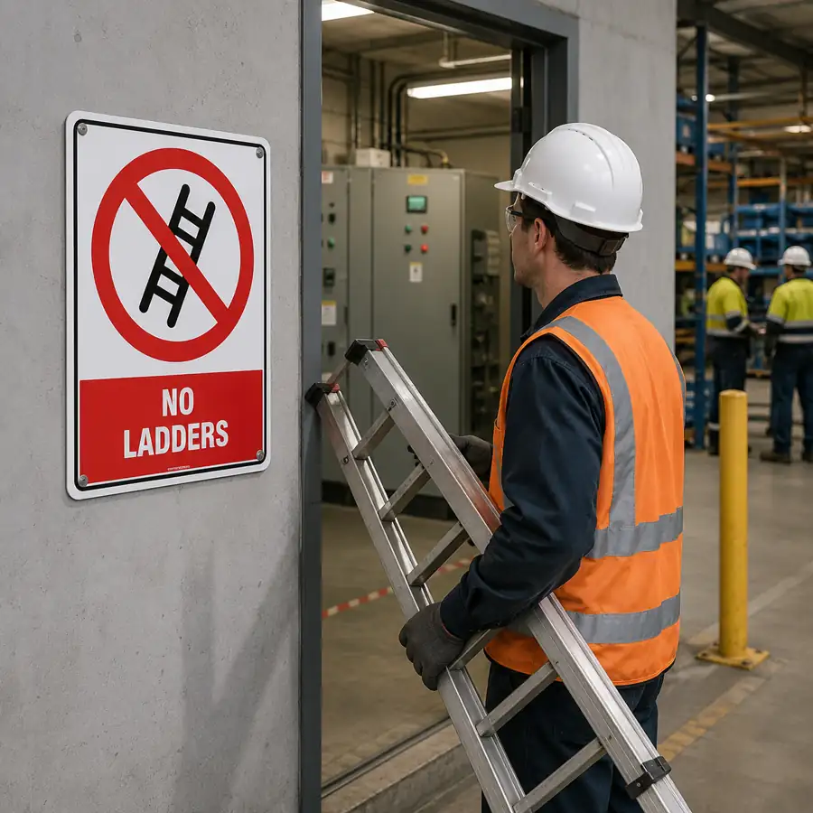 no-ladders-sign-use-case No Ladders Sign mounted beside a restricted industrial plant room while a maintenance worker carrying a ladder stops and reads the sign.