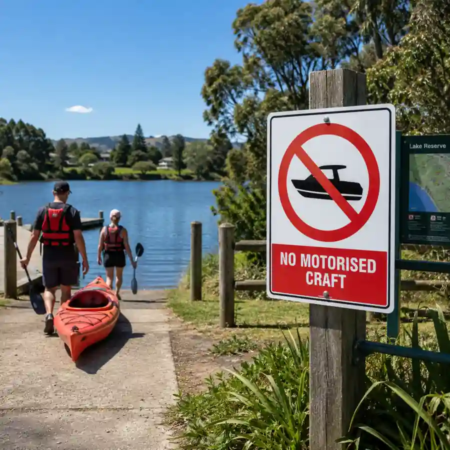 no-motorised-craft-sign-use-case No Motorised Craft Sign installed beside a New Zealand lake boat ramp while visitors carry kayaks to the water.