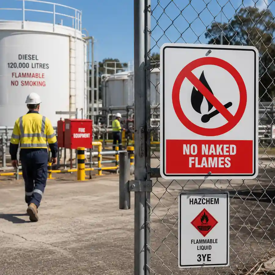 no-naked-flames-sign-use-case No Naked Flames Sign installed at the entrance to a New Zealand fuel storage facility with flammable liquid hazards present.