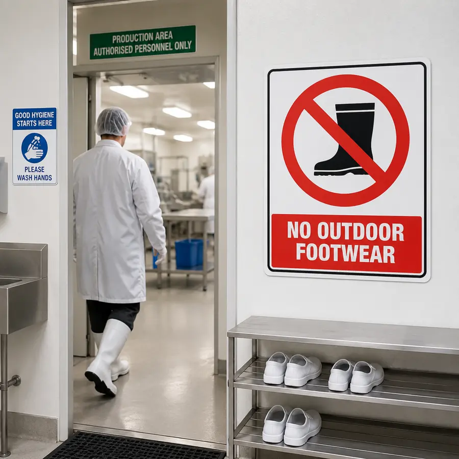 no-outdoor-footwear-use-case No Outdoor Footwear Sign installed at the entrance to a New Zealand food production facility requiring staff to change into indoor footwear.