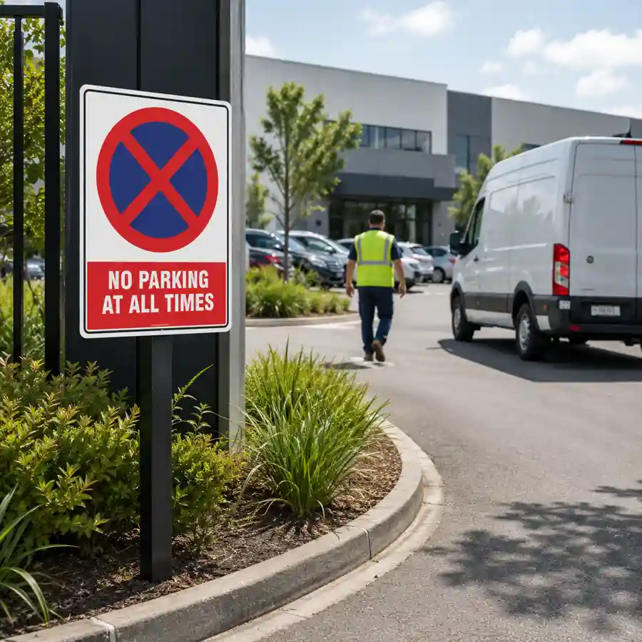 no-parking-at-all-times-sign-use-case No Parking At All Times Sign installed at the entrance to a New Zealand commercial property.