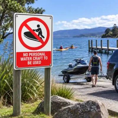 No Personal Water Craft To Be Used Sign installed beside a New Zealand lake restricting jet skis and personal watercraft.