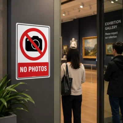 No Photos Sign installed at the entrance to a New Zealand museum prohibiting photography.