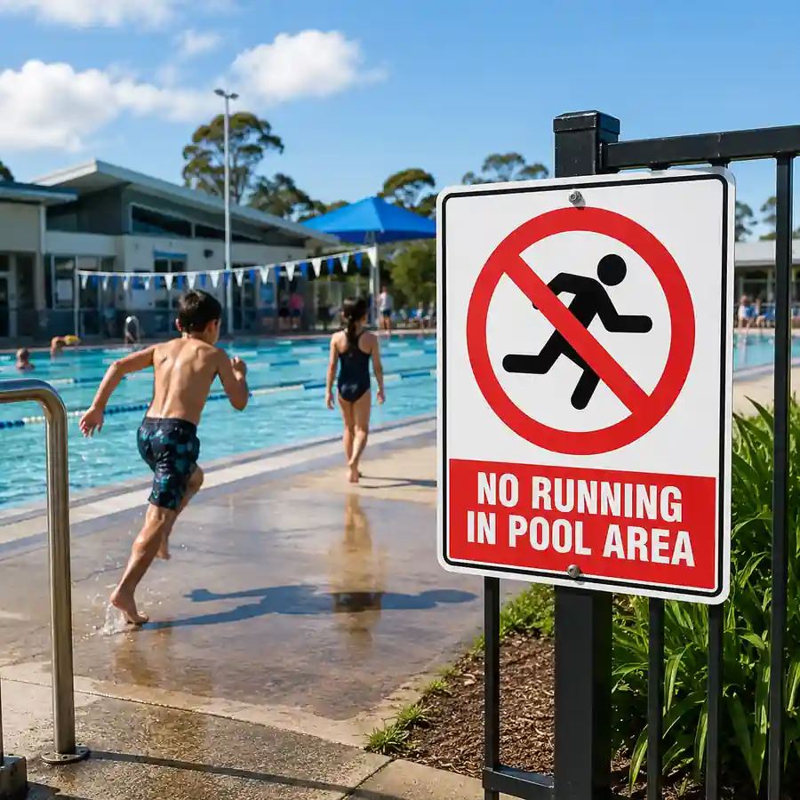 no-running-in-pool-area-sign-use-case No Running in Pool Area Sign for swimming pool safety