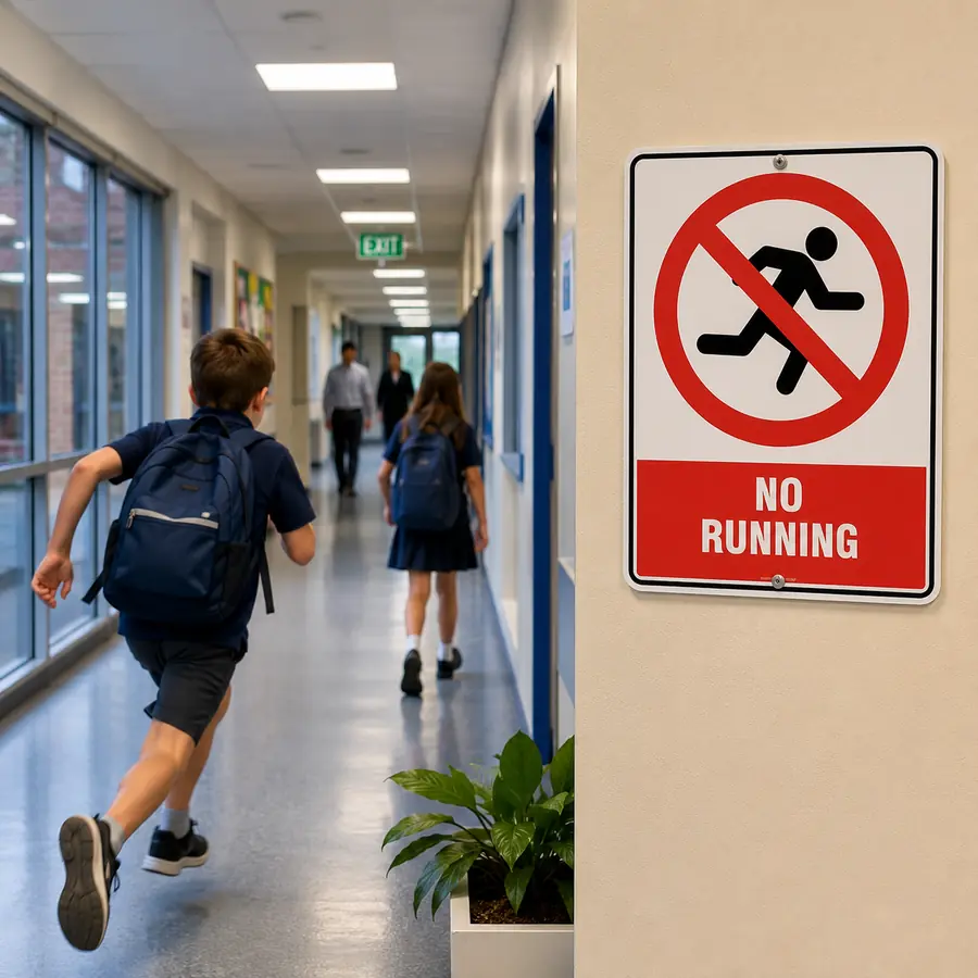 no-running-sign-use-case No Running Sign for pedestrian safety in workplaces and public areas