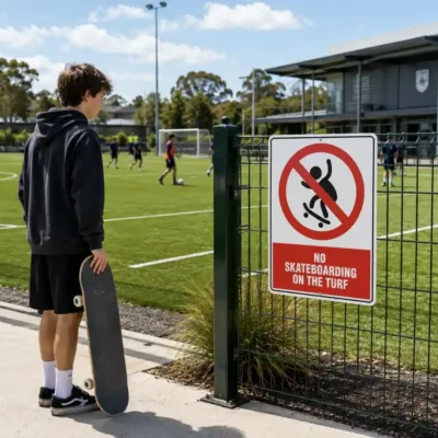No Skateboarding on the Turf Sign protecting sports fields and artificial turf