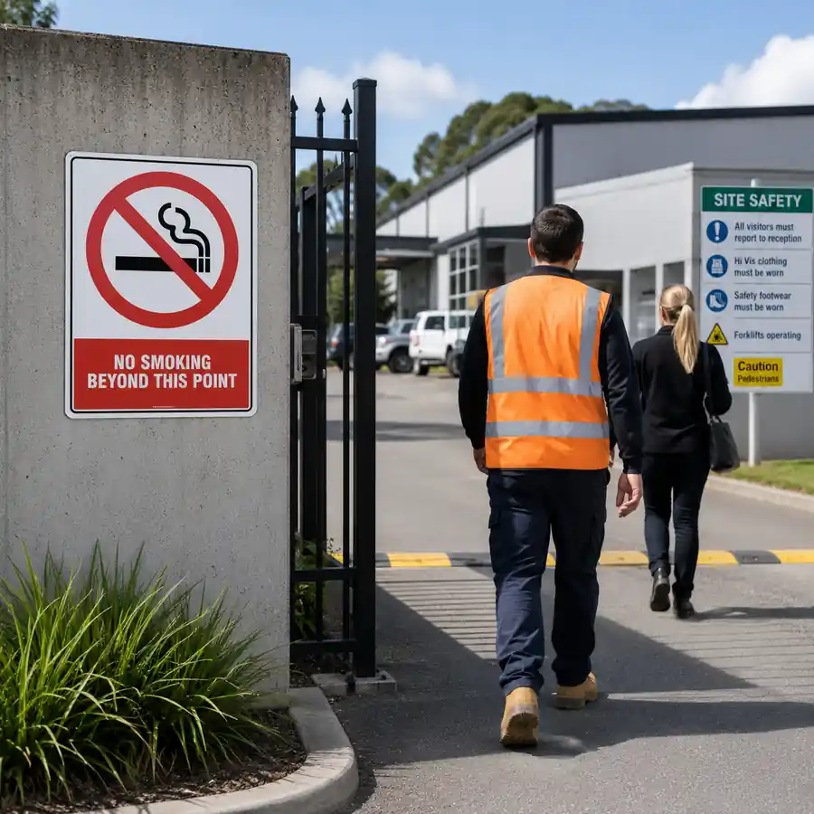 no-smoking-beyond-this-point-sign-use-case No Smoking Beyond This Point Sign marking a workplace smoke-free boundary