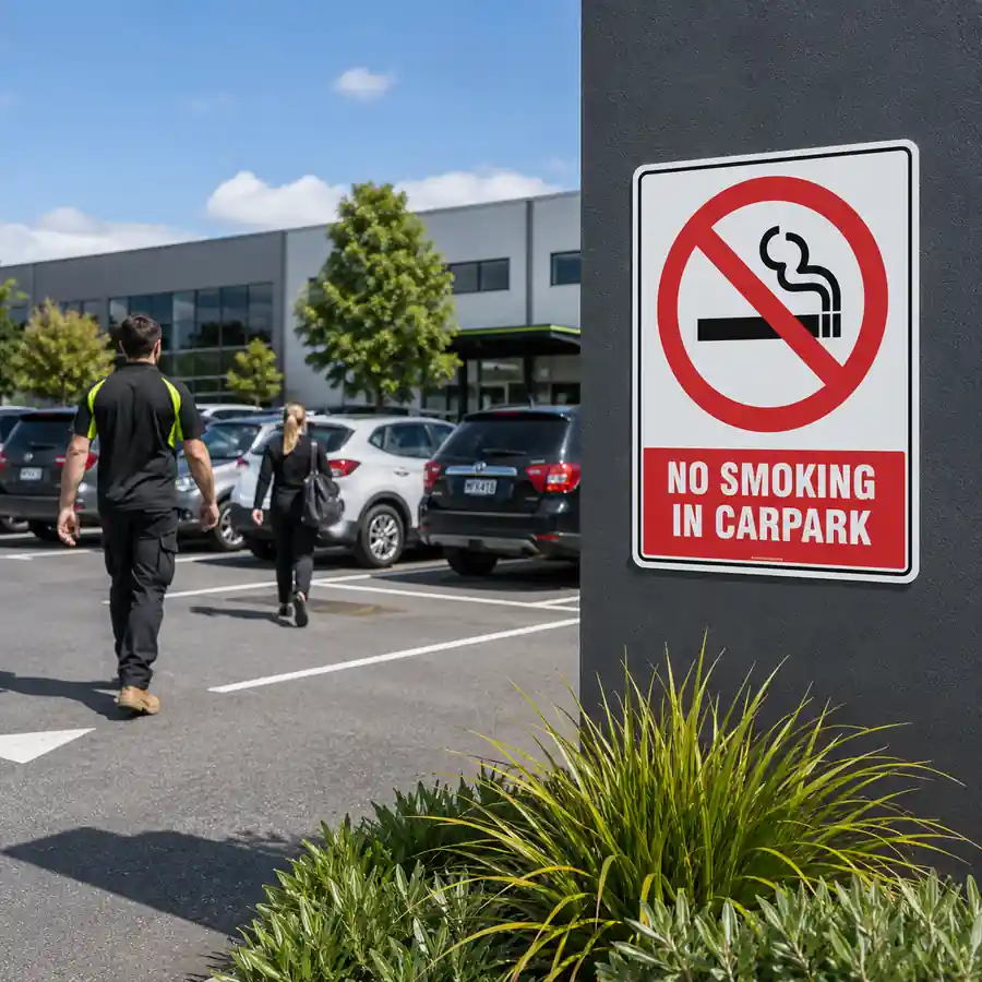 no-smoking-in-carpark-sign-use-case No Smoking in Carpark Sign displayed in a New Zealand workplace carpark