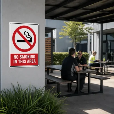 No Smoking in This Area Sign displayed in an outdoor workplace staff area