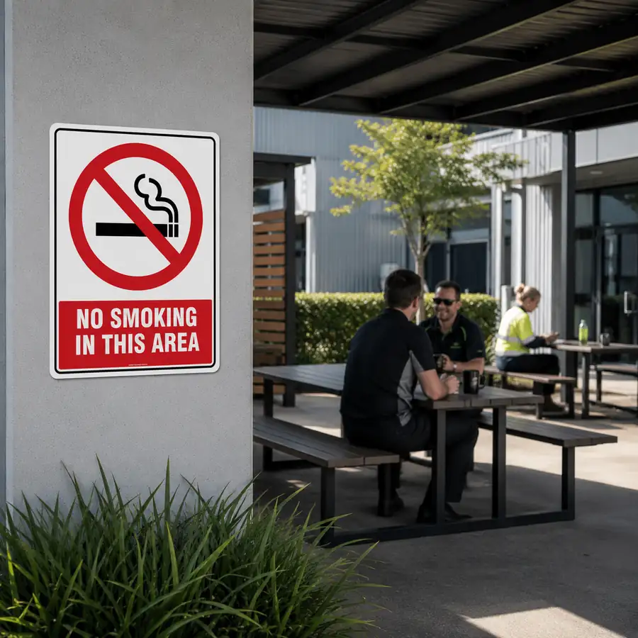 no-smoking-in-this-area-sign-use-case No Smoking in This Area Sign displayed in an outdoor workplace staff area