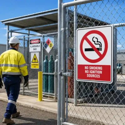 No Smoking No Ignition Sources Sign at a hazardous substance storage area in New Zealand