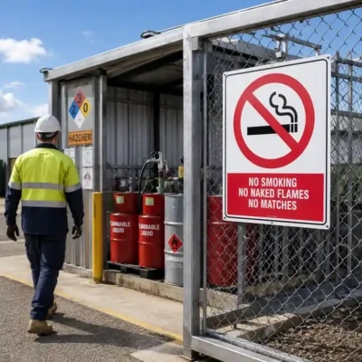 No Smoking No Naked Flames Sign displayed at an industrial fuel or flammable materials storage area