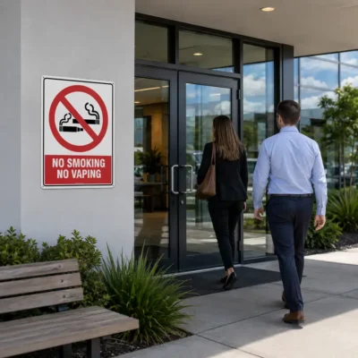 No Smoking No Vaping Sign displayed at a New Zealand workplace entrance