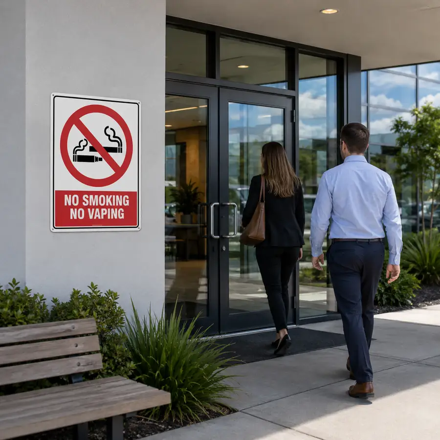 no-smoking-no-vaping-sign-use-case No Smoking No Vaping Sign displayed at a New Zealand workplace entrance