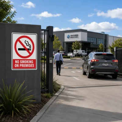 No Smoking on Premises Sign displayed at the entrance to a New Zealand commercial property