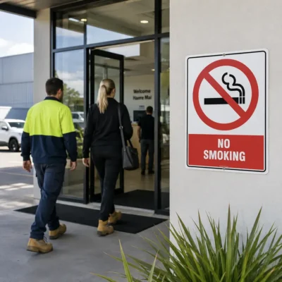 No Smoking Sign displayed at a New Zealand workplace entrance