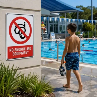 No Snorkeling Equipment Sign displayed at a New Zealand public swimming pool