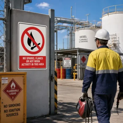No Sparks Flames or Hot Work Sign at a hazardous industrial storage area in New Zealand