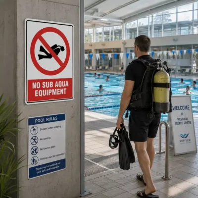 No Sub Aqua Equipment Sign displayed beside a New Zealand aquatic centre swimming pool
