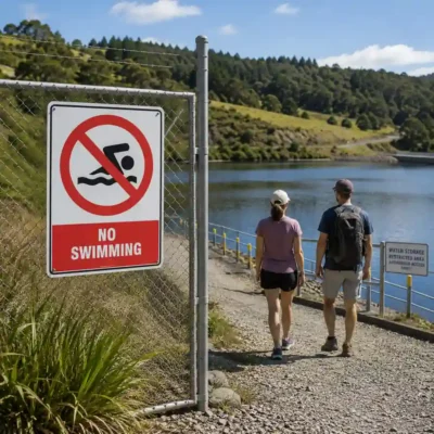 No Swimming Sign beside a restricted New Zealand reservoir or water storage area
