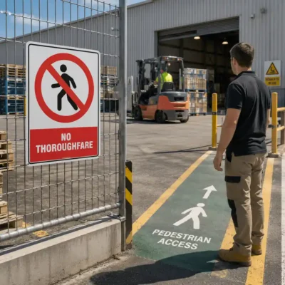 No Thoroughfare Sign controlling pedestrian access at a New Zealand industrial workplace