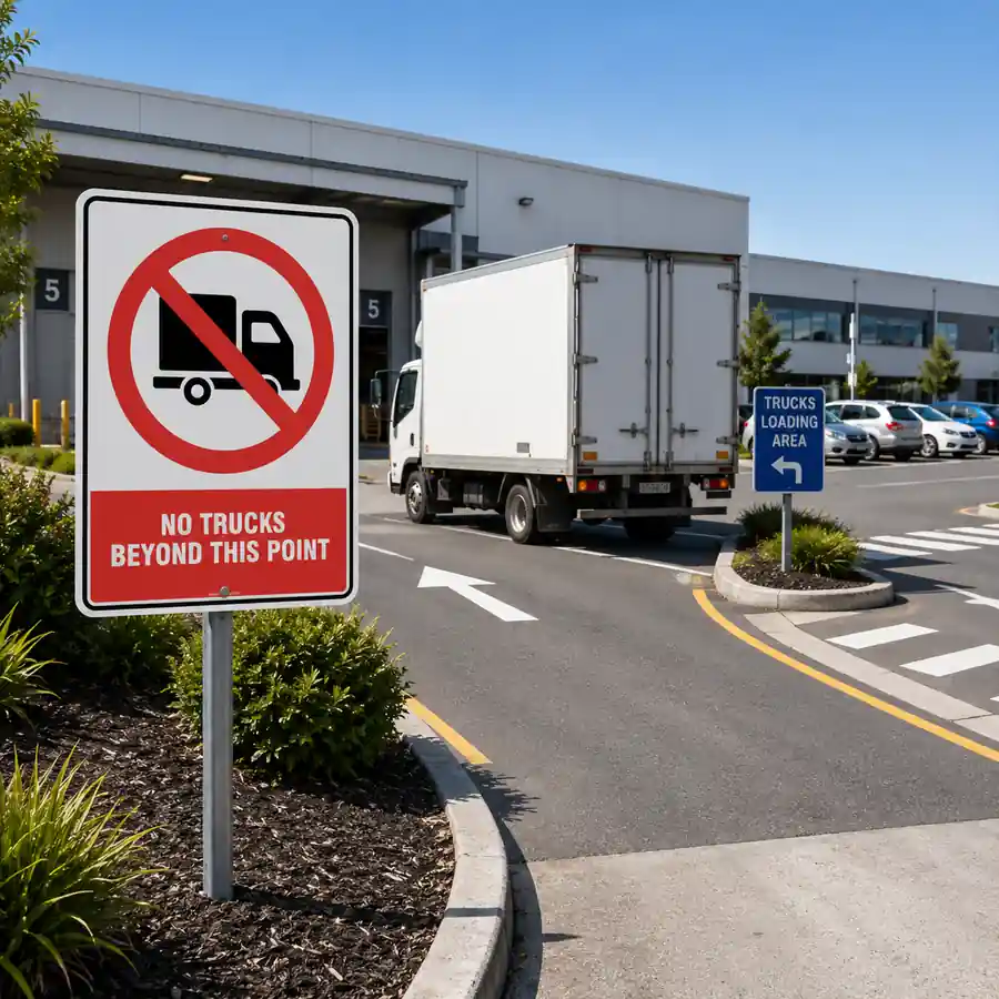 no-trucks-beyond-this-point-sign-use-case No Trucks Beyond This Point Sign controlling truck access at a New Zealand industrial yard