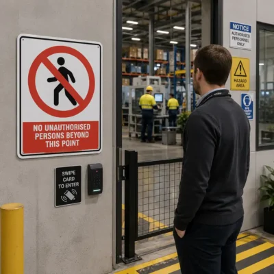 No Unauthorised Persons Beyond This Point Sign at a restricted New Zealand workplace entrance