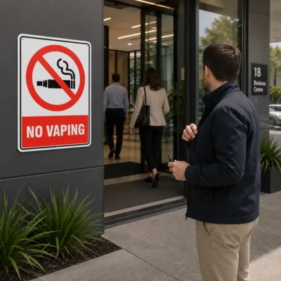 No Vaping Sign displayed at the entrance to a New Zealand workplace