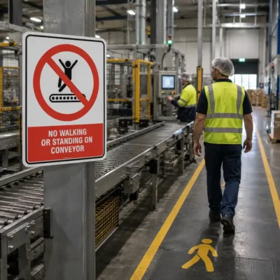 No Walking or Standing on Conveyor Sign beside conveyor equipment in a New Zealand factory
