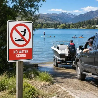 No Water Skiing Sign beside a New Zealand lakeside boat ramp