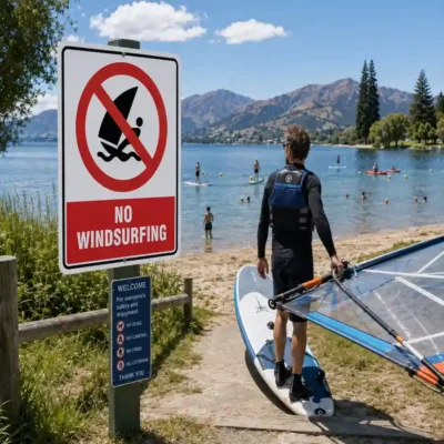No Windsurfing Sign at a New Zealand recreational waterway