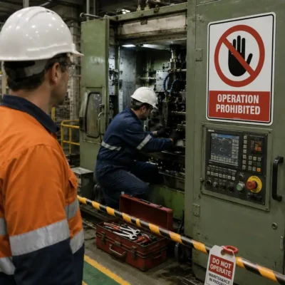 Operation Prohibited Sign on industrial machinery during maintenance in a New Zealand workplace