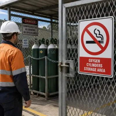 Oxygen Cylinders Storage Area Sign on an outdoor oxygen cylinder storage cage in a New Zealand workplace