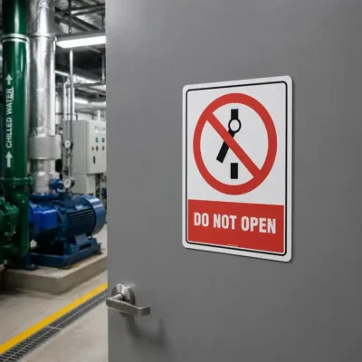 Do Not Open sign mounted on a restricted access plant room door in a commercial facility