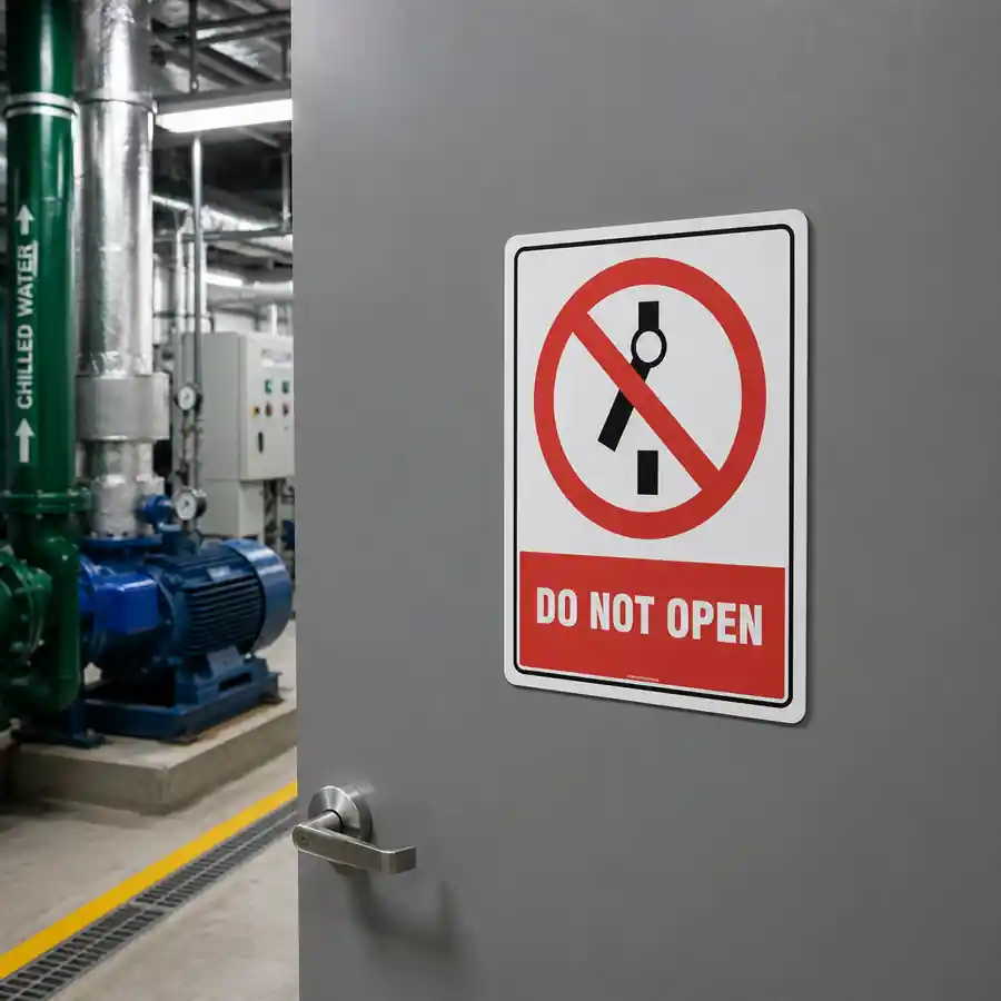 do-not-open-sign-use-case Do Not Open sign mounted on a restricted access plant room door in a commercial facility